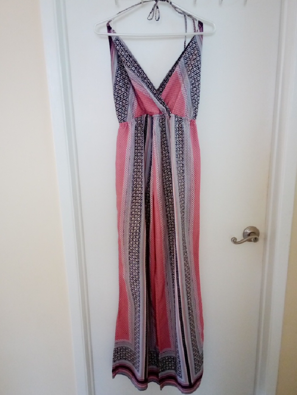 Pink, Teal, Black, Cream Striped and Flowered Halter Jumpsuit